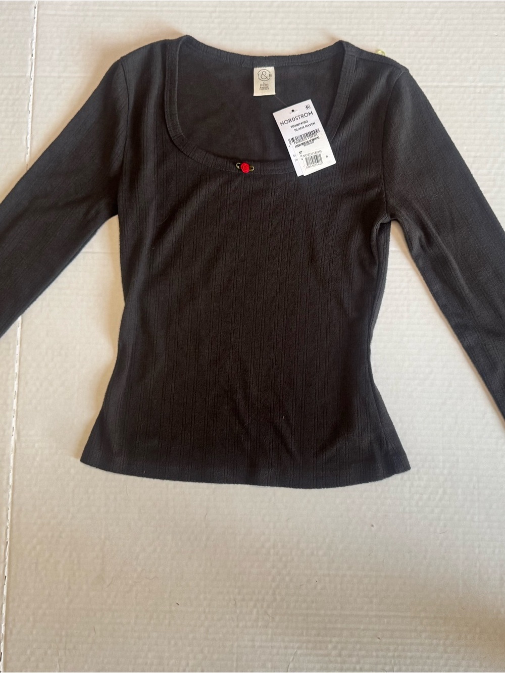 Nordstrom Black Ribbed Long-Sleeve Scoop Neck Top with Cherry Accent